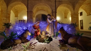 bue, archi, presepe, asino, giuseppe, madonna, natale, luci, gesù, blu, bambino, presepio, asinello, maria, verde, portici, natività, colonne, famiglia, piante